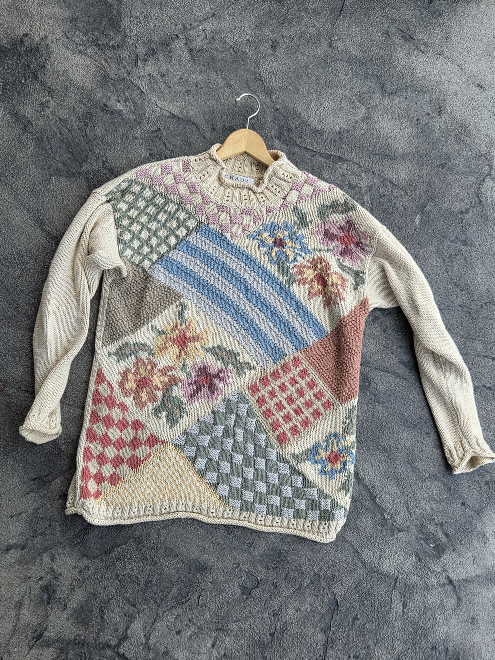 Chaus Patchwork Floral Multi-Color Knit Sweater